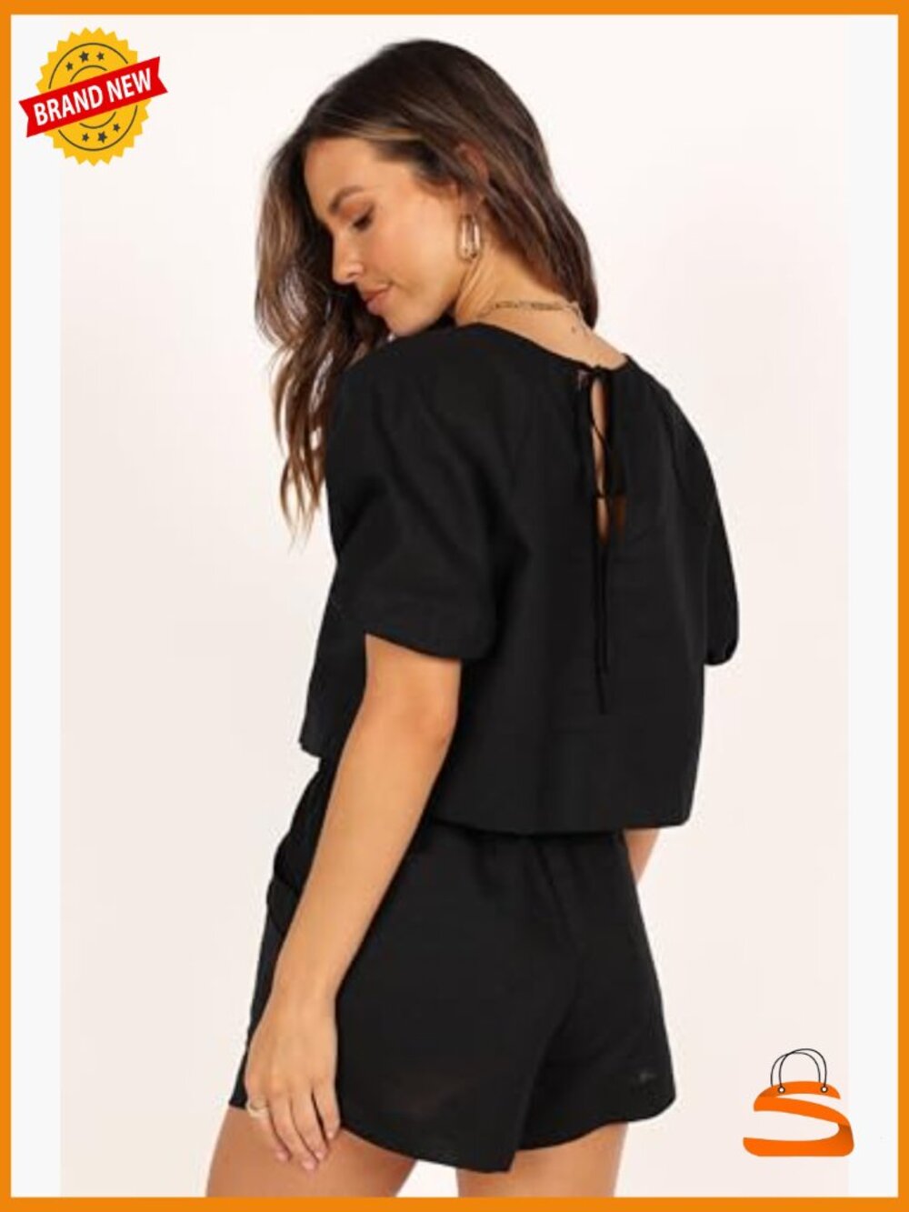 Cropped Linen Set, Short Sleeve Top & Shorts, Drawstring Waist - Picture 3 of 6